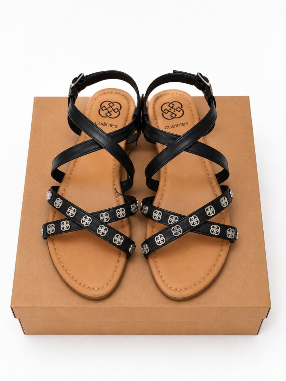 Daisy Fuentes Black Strappy Medallion Flat Sandals Womens Size 8 Buckle Ankle St